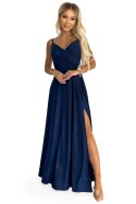 299-10 CHIARA elegancka maxi długa suknia na ramiączkach - GRANATOWA Z BROKATEM 299-10 CHIARA elegancka maxi długa suknia na ramiączkach - GRANATOWA Z BROKATEM