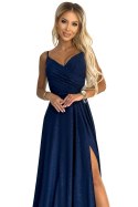 299-10 CHIARA elegancka maxi długa suknia na ramiączkach - GRANATOWA Z BROKATEM 299-10 CHIARA elegancka maxi długa suknia na ramiączkach - GRANATOWA Z BROKATEM