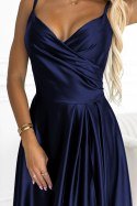 299-12 CHIARA elegancka maxi długa satynowa suknia na ramiączkach - GRANATOWA 299-12 CHIARA elegancka maxi długa satynowa suknia na ramiączkach - GRANATOWA