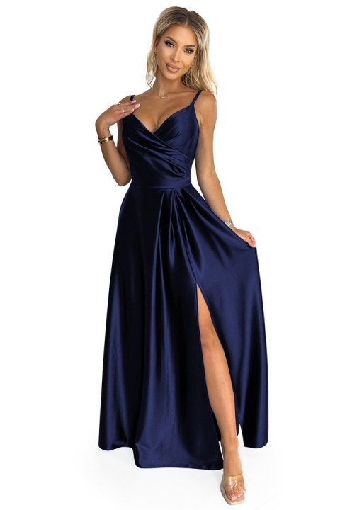299-12 CHIARA elegancka maxi długa satynowa suknia na ramiączkach - GRANATOWA 299-12 CHIARA elegancka maxi długa satynowa suknia na ramiączkach - GRANATOWA