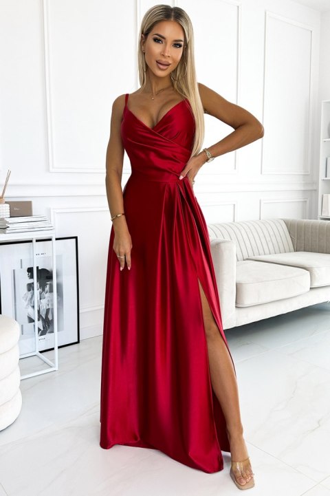 299-14 CHIARA elegancka maxi długa satynowa suknia na ramiączkach - CZERWONA 299-14 CHIARA elegancka maxi długa satynowa suknia na ramiączkach - CZERWONA