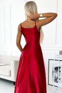 299-14 CHIARA elegancka maxi długa satynowa suknia na ramiączkach - CZERWONA 299-14 CHIARA elegancka maxi długa satynowa suknia na ramiączkach - CZERWONA