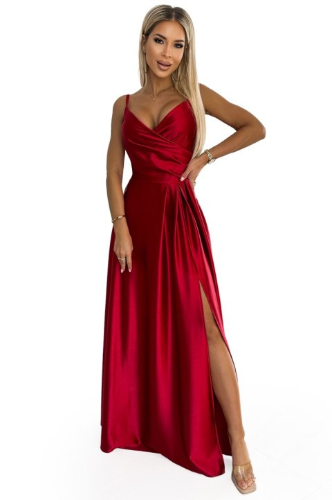299-14 CHIARA elegancka maxi długa satynowa suknia na ramiączkach - CZERWONA 299-14 CHIARA elegancka maxi długa satynowa suknia na ramiączkach - CZERWONA