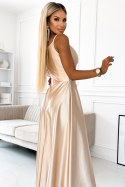 299-8 CHIARA elegancka maxi długa satynowa suknia na ramiączkach - ZŁOTA 299-8 CHIARA elegancka maxi długa satynowa suknia na ramiączkach - ZŁOTA