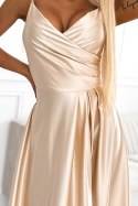 299-8 CHIARA elegancka maxi długa satynowa suknia na ramiączkach - ZŁOTA 299-8 CHIARA elegancka maxi długa satynowa suknia na ramiączkach - ZŁOTA