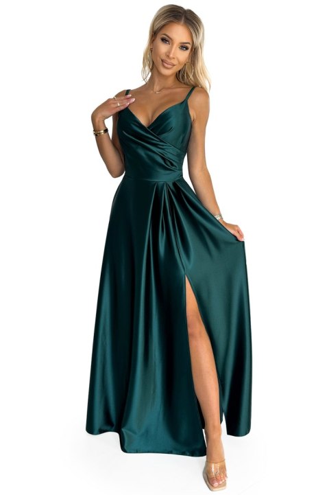 299-9 CHIARA elegancka maxi długa satynowa suknia na ramiączkach - ZIELEŃ BUTELKOWA 299-9 CHIARA elegancka maxi długa satynowa suknia na ramiączkach - ZIELEŃ BUTELKOWA