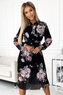 449-3 CARLA Plisowana sukienka midi z guziczkami i długim rękawkiem - RÓŻE na czarnym tle 449-3 CARLA Plisowana sukienka midi z guziczkami i długim rękawkiem - RÓŻE na czarnym tle