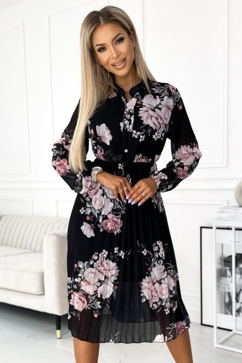 449-3 CARLA Plisowana sukienka midi z guziczkami i długim rękawkiem - RÓŻE na czarnym tle 449-3 CARLA Plisowana sukienka midi z guziczkami i długim rękawkiem - RÓŻE na czarnym tle
