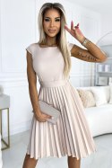 311-14 LILA Plisowana sukienka z krótkim rękawkiem i paskiem - BEŻOWA 311-14 LILA Plisowana sukienka z krótkim rękawkiem i paskiem - BEŻOWA