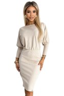 399-3 LARA Sukienka w prążki ze ściągaczami w rękawach - BEŻOWA 399-3 LARA Sukienka w prążki ze ściągaczami w rękawach - BEŻOWA