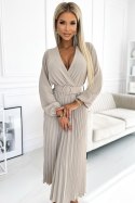 504-2 VIVIANA Plisowana sukienka midi z dekoltem, długim rękawkiem i szerokim paskiem - BEŻOWA 504-2 VIVIANA Plisowana sukienka midi z dekoltem, długim rękawkiem i szerokim paskiem - BEŻOWA