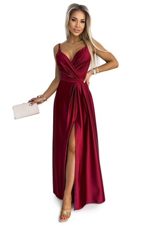 512-6 JULIET elegancka długa satynowa suknia z dekoltem i rozcięciem na nogę - BORDOWA 512-6 JULIET elegancka długa satynowa suknia z dekoltem i rozcięciem na nogę - BORDOWA