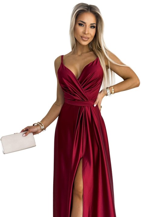 512-6 JULIET elegancka długa satynowa suknia z dekoltem i rozcięciem na nogę - BORDOWA 512-6 JULIET elegancka długa satynowa suknia z dekoltem i rozcięciem na nogę - BORDOWA