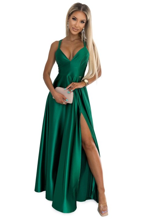 513-1 LUNA elegancka długa satynowa suknia z dekoltem i skrzyżowanymi ramiączkami - ZIELEŃ BUTELKOWA 513-1 LUNA elegancka długa satynowa suknia z dekoltem i skrzyżowanymi ramiączkami - ZIELEŃ BUTELKOWA