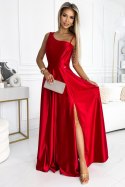 524-1 Długa elegancka satynowa suknia na jedno ramię - CZERWONA 524-1 Długa elegancka satynowa suknia na jedno ramię - CZERWONA