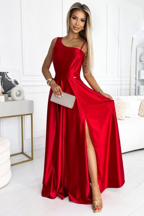 524-1 Długa elegancka satynowa suknia na jedno ramię - CZERWONA 524-1 Długa elegancka satynowa suknia na jedno ramię - CZERWONA