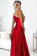 524-1 Długa elegancka satynowa suknia na jedno ramię - CZERWONA 524-1 Długa elegancka satynowa suknia na jedno ramię - CZERWONA