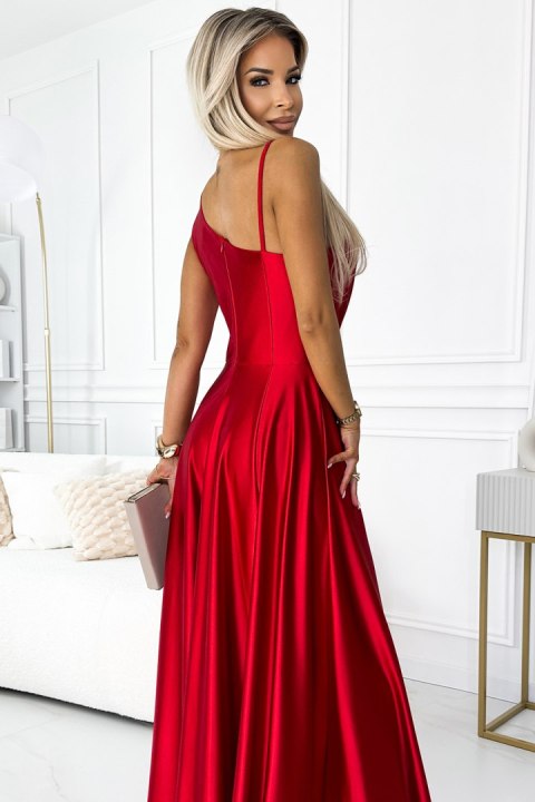 524-1 Długa elegancka satynowa suknia na jedno ramię - CZERWONA 524-1 Długa elegancka satynowa suknia na jedno ramię - CZERWONA