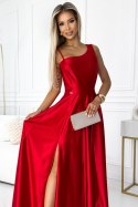 524-1 Długa elegancka satynowa suknia na jedno ramię - CZERWONA 524-1 Długa elegancka satynowa suknia na jedno ramię - CZERWONA