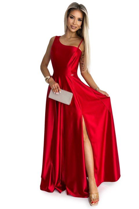 524-1 Długa elegancka satynowa suknia na jedno ramię - CZERWONA 524-1 Długa elegancka satynowa suknia na jedno ramię - CZERWONA