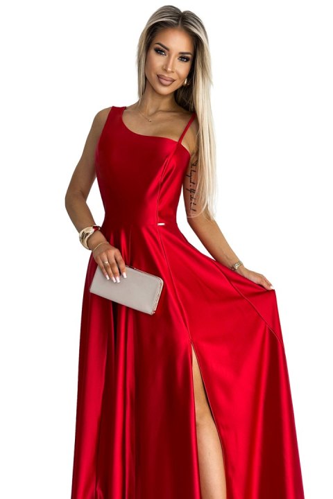 524-1 Długa elegancka satynowa suknia na jedno ramię - CZERWONA 524-1 Długa elegancka satynowa suknia na jedno ramię - CZERWONA