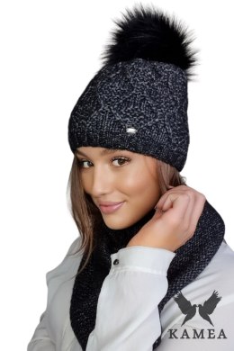 FREZJA- NATURAL POMPON czapka damska merino wool kolor czarny multi - Kamea Kamea