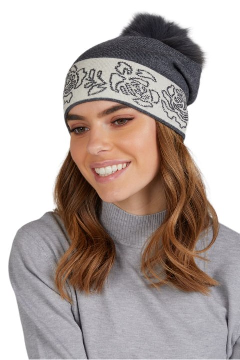 LILIANA POMPON FOX czapka damska grafitowa z pomponem - Kamea Kamea