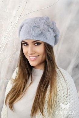 CINDY beret z angory z kwiatami wykończonymi norką kolor szary - Kamea Kamea