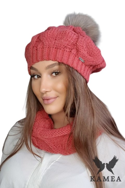 ZITA-KOMPLET damski beret z kominem zimowy kolor koralowy - Kamea Kamea ZITA-KOMPLET damski beret z kominem zimowy kolor koralowy - Kamea Kamea