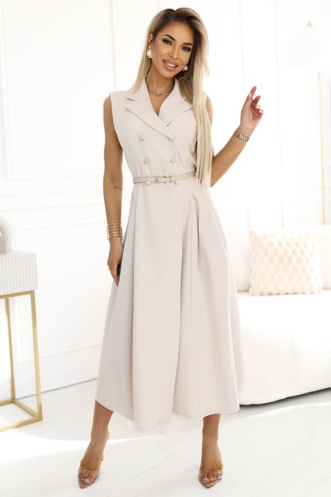 596-1 Elegancka szmizjerka midi ze złotymi guzikami i paskiem - BEŻOWA 596-1 Elegancka szmizjerka midi ze złotymi guzikami i paskiem - BEŻOWA