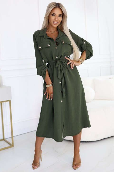 531-5 Szmizjerka midi ze złotymi guzikami i wiązaniem - KHAKI 531-5 Szmizjerka midi ze złotymi guzikami i wiązaniem - KHAKI