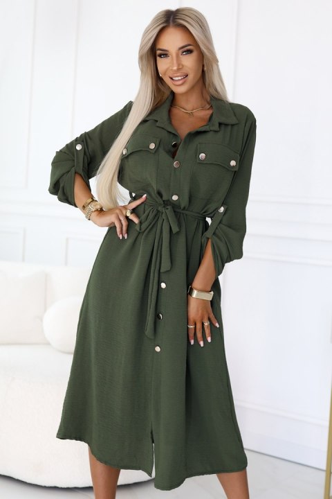 531-5 Szmizjerka midi ze złotymi guzikami i wiązaniem - KHAKI 531-5 Szmizjerka midi ze złotymi guzikami i wiązaniem - KHAKI