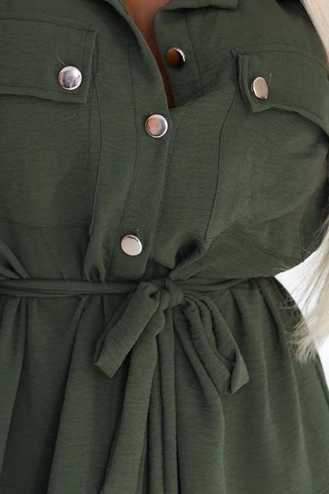 531-5 Szmizjerka midi ze złotymi guzikami i wiązaniem - KHAKI 531-5 Szmizjerka midi ze złotymi guzikami i wiązaniem - KHAKI