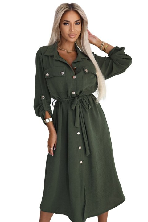 531-5 Szmizjerka midi ze złotymi guzikami i wiązaniem - KHAKI 531-5 Szmizjerka midi ze złotymi guzikami i wiązaniem - KHAKI